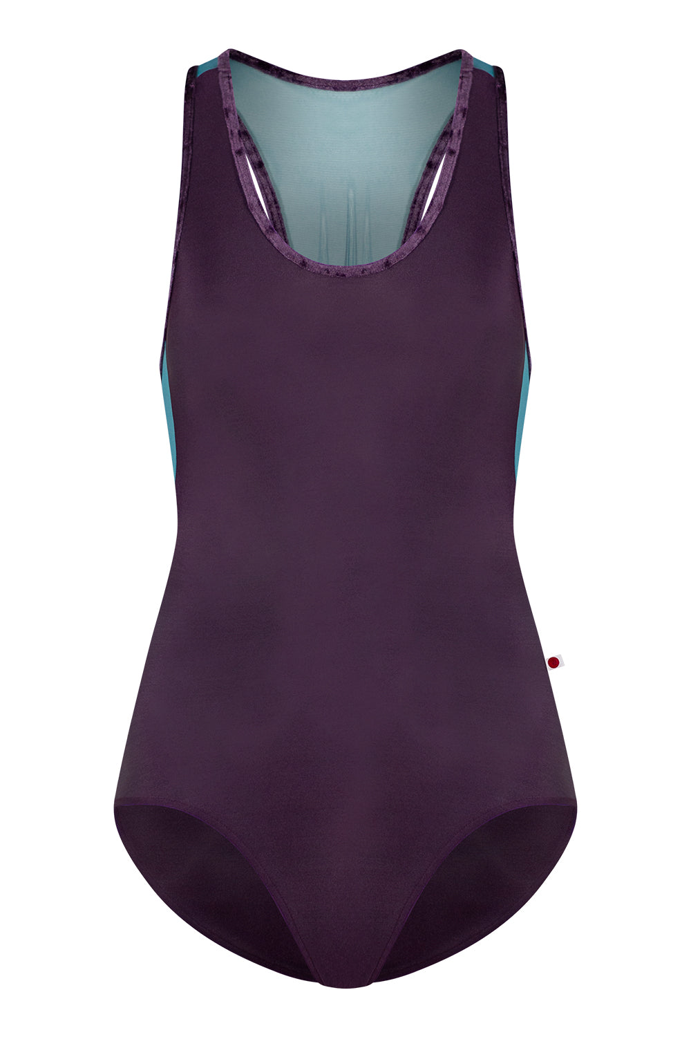 Alex extra high-cut leotard in N-Eggplant body color with Mesh Lagoon top color and CV-Eggplant trim color