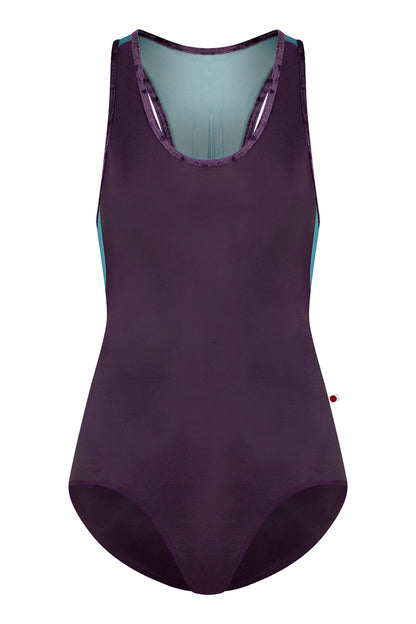 Alex extra high-cut leotard in N-Eggplant body color with Mesh Lagoon top color and CV-Eggplant trim color