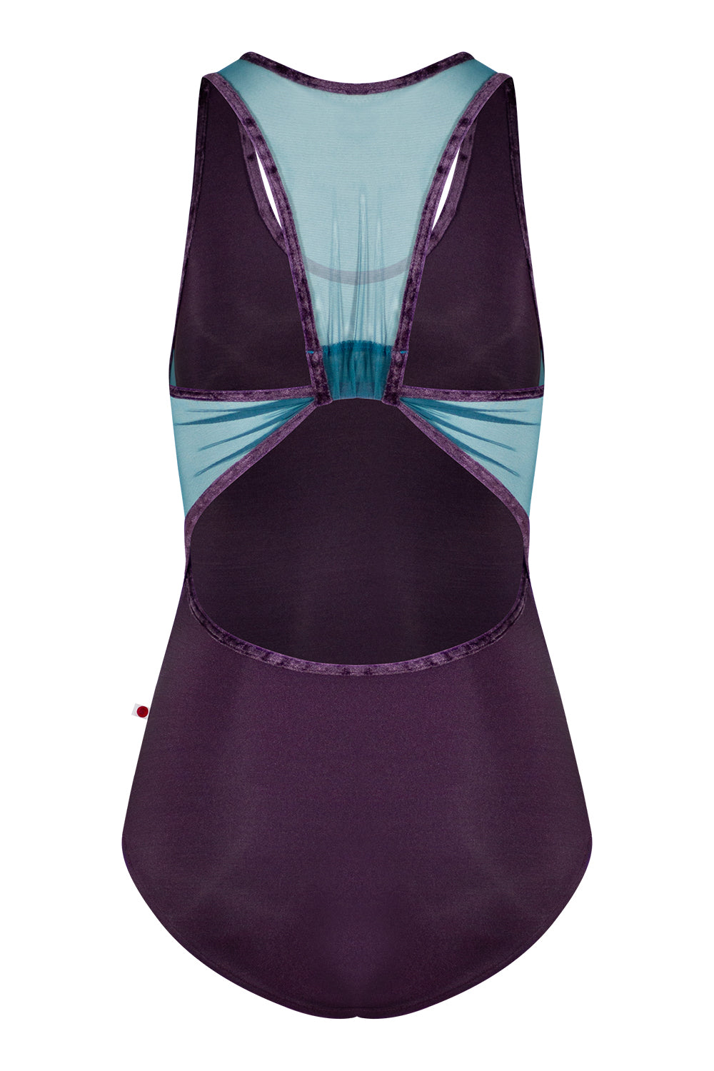 Alex extra high-cut leotard in N-Eggplant body color with Mesh Lagoon top color and CV-Eggplant trim color