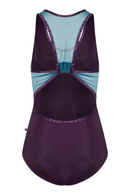 Alex extra high-cut leotard in N-Eggplant body color with Mesh Lagoon top color and CV-Eggplant trim color