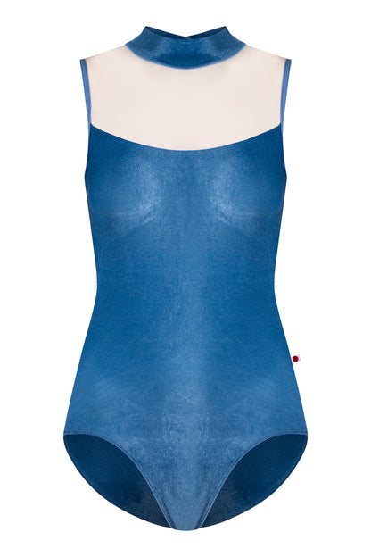 Camila extra high-cut leg leotard in V-Ocean body color with Mesh Blush top color and N-Arctic trim color