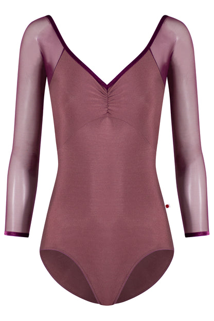 Elli extra high-cut leg leotard in N-Phoenix body color with Mesh Opera top color & 3Q sleeves and V-Roxy trim color