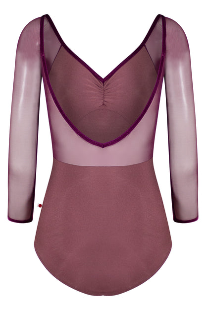 Elli extra high-cut leg leotard in N-Phoenix body color with Mesh Opera top color & 3Q sleeves and V-Roxy trim color