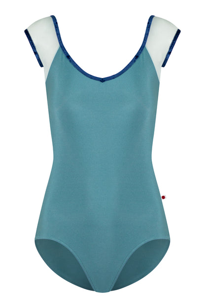 Nina High-Cut leotard in N-Frost body color with Mesh Whisper top color and CV-Dark Blue trim color