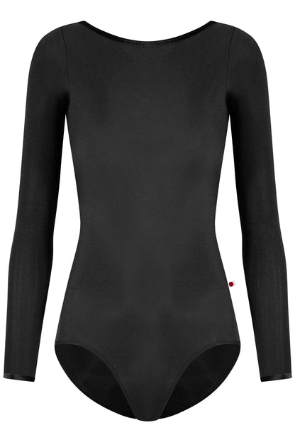 Sofiane Extra-High Cut leg leotard in N-Black body color with V-Black trim color and long sleeves