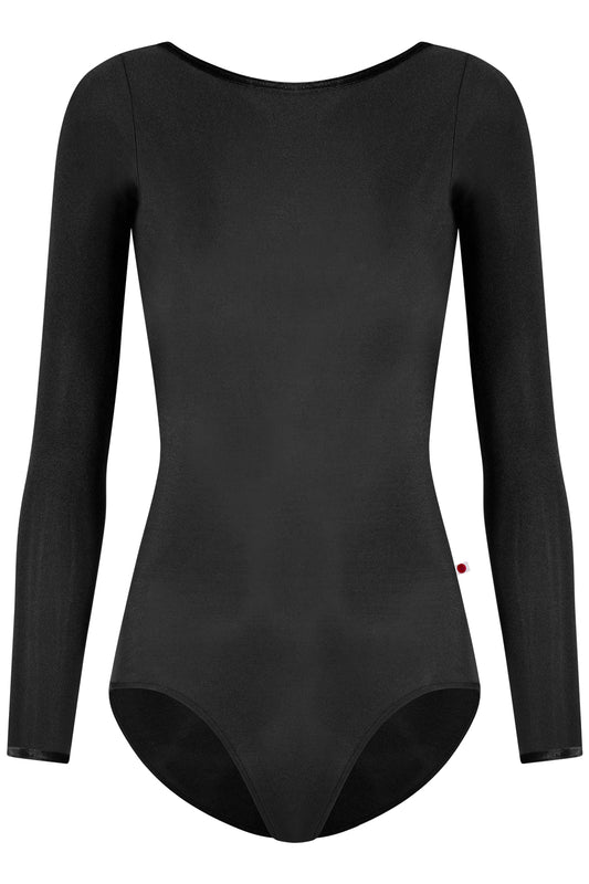 Sofiane Extra-High Cut leg leotard in N-Black body color with V-Black trim color and long sleeves